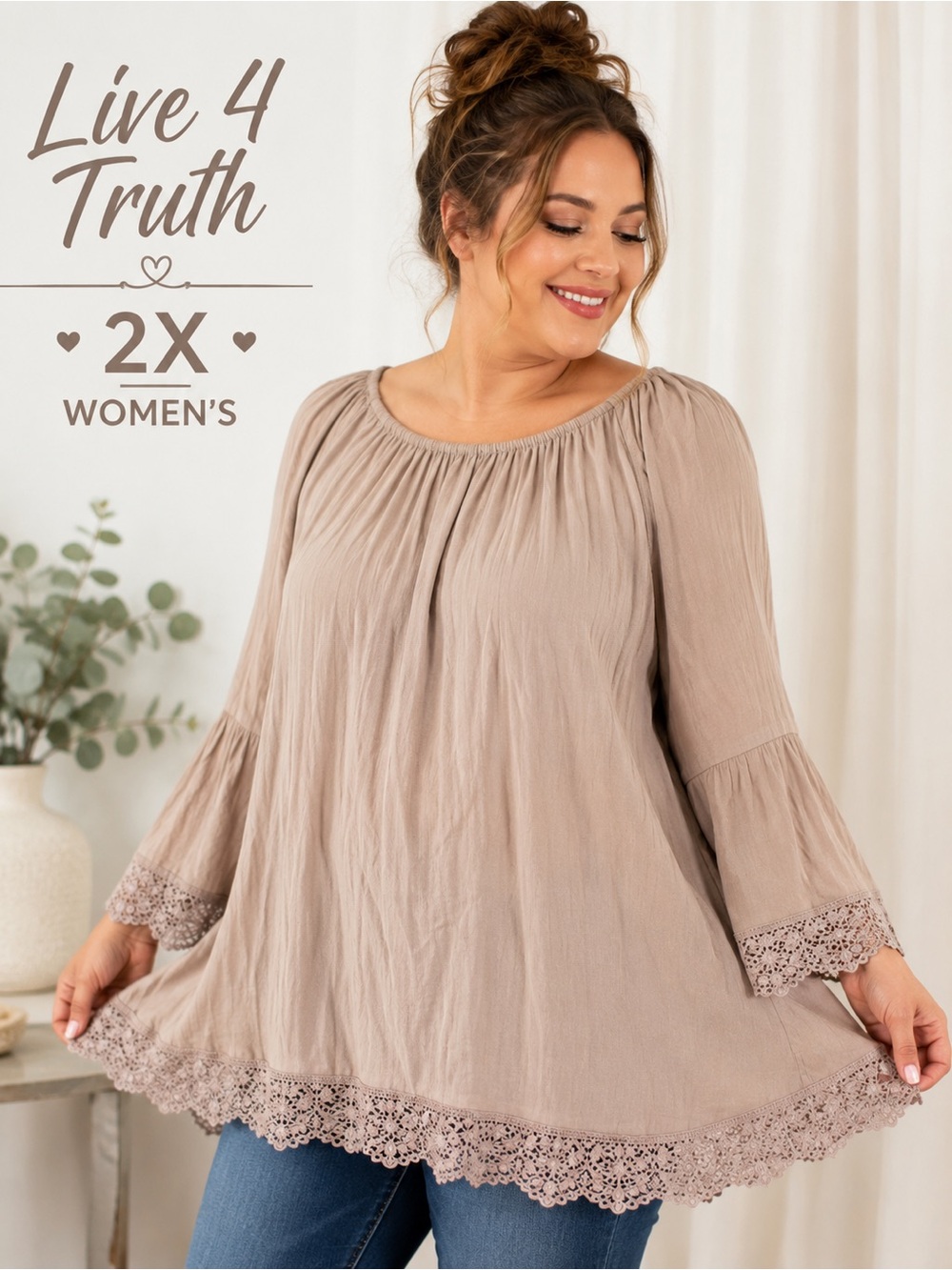 Live 4 Truth 2X Taupe Blush Boho Gauze Tunic Crochet Lace Plus Size